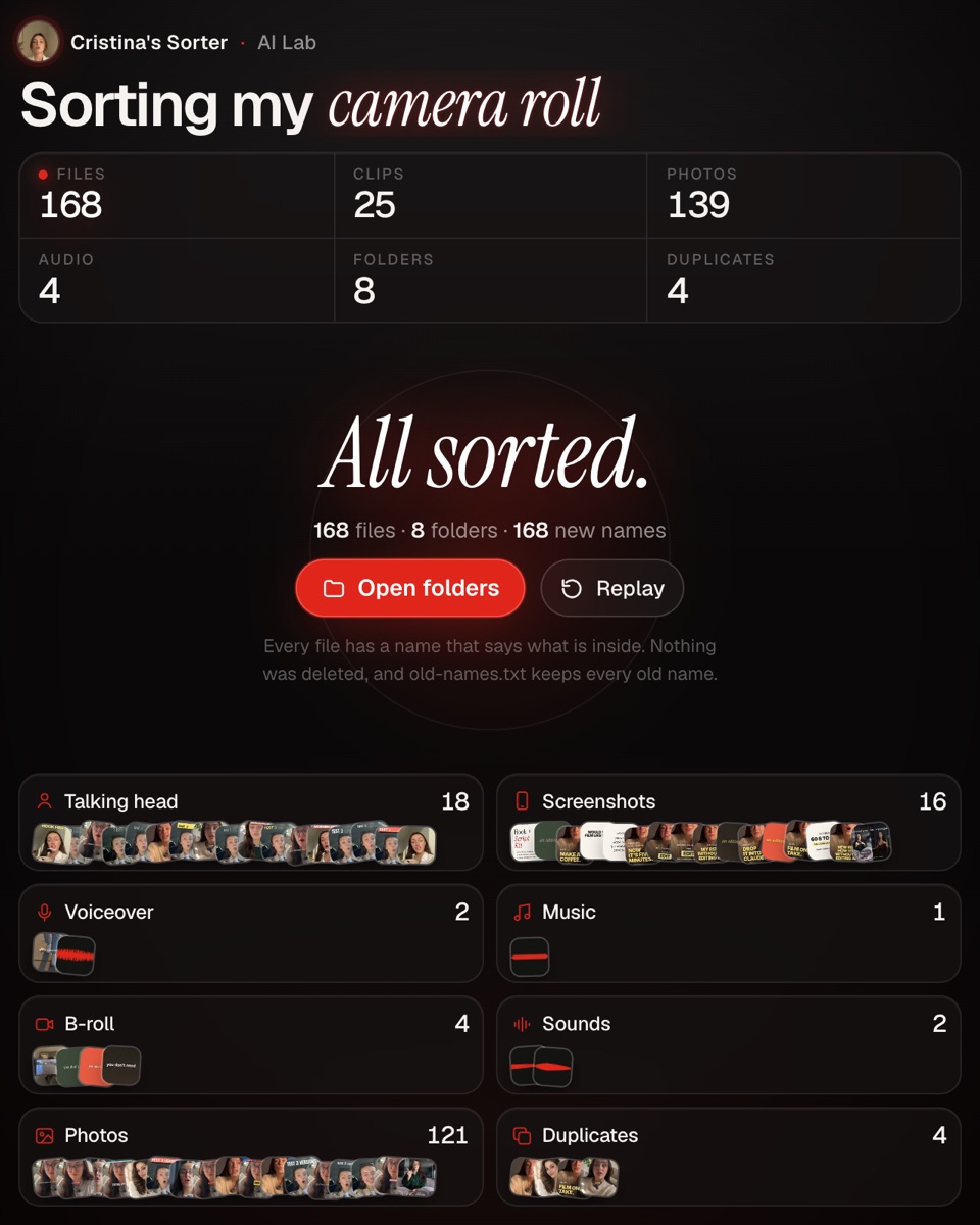 The sorter after a sort: 168 files, 8 folders, 168 new names